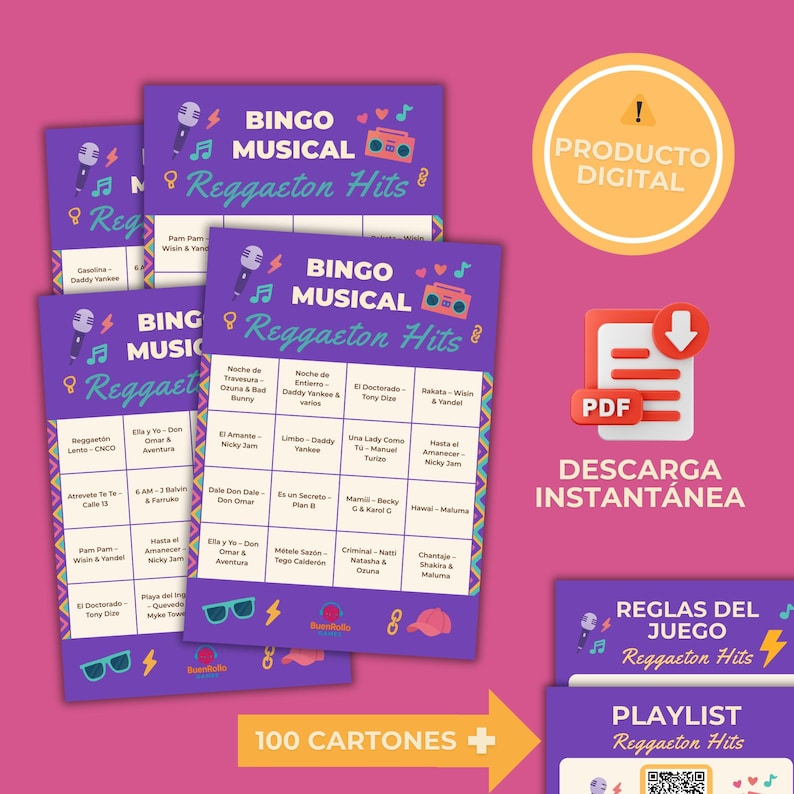 Op de afbeelding: Een verzameling paarse Reggaeton Hits Bingo kaarten met een microfoon, muzieknoten en een boombox afbeelding. De afbeelding bevat ook een digitaal product icoon, een PDF download icoon en tekst.
