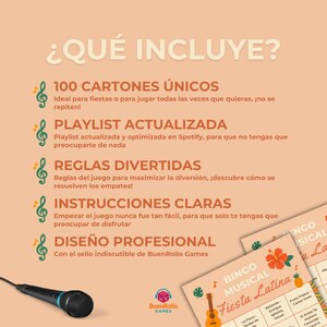 May include: A promotional image for a musical bingo game. The image features a microphone, game cards, and text in Spanish. The text includes "&iquest;QU&Eacute; INCLUYE?" and details about the game's features, such as unique cards and a Spotify playlist.