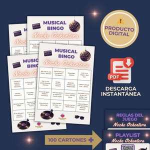 K&ouml;nnte beinhalten: Ein digitales "Musical Bingo" Spiel mit dem Thema "Noche Ochentera". Es zeigt Bingokarten, eine Discokugel-Grafik und ein "Produkt Digital"-Abzeichen. Das Spiel ist als PDF-Download verf&uuml;gbar.