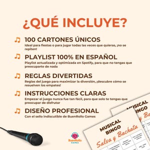 May include: An image promoting a musical bingo game. The image shows a microphone, bingo cards, and text in Spanish, including "Musical Bingo Salsa y Bachata" and "&iquest;QU&Eacute; INCLUYE?" which translates to "What's included?"