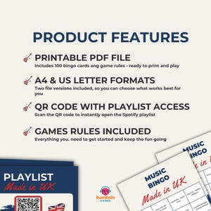 Puede incluir: Imagen promocional para un juego de bingo musical. La imagen presenta el texto "Caracter&iacute;sticas del producto" y detalles sobre el juego, incluyendo un archivo PDF imprimible, formatos A4 y US Letter, un c&oacute;digo QR para acceder a la lista de reproducci&oacute;n y reglas del juego. El juego es "Made in UK".