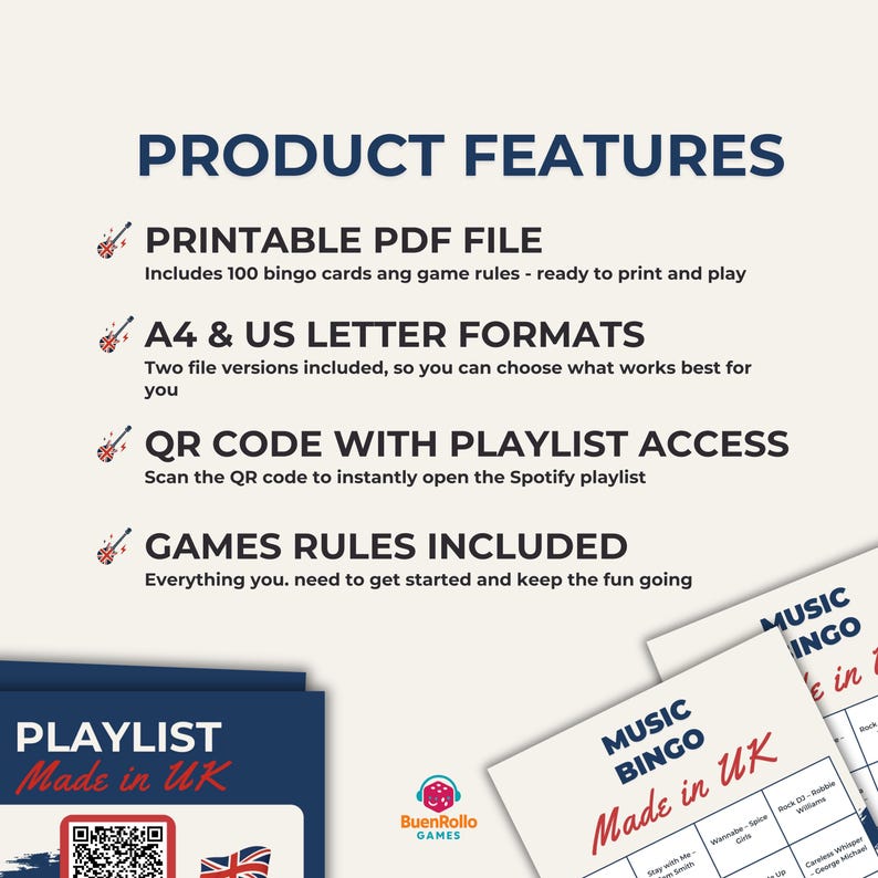 Puede incluir: Imagen promocional para un juego de bingo musical. La imagen presenta el texto "Caracter&iacute;sticas del producto" y detalles sobre el juego, incluyendo un archivo PDF imprimible, formatos A4 y US Letter, un c&oacute;digo QR para acceder a la lista de reproducci&oacute;n y reglas del juego. El juego es "Made in UK".