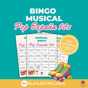 以下が含まれることがあります： ミュージカルビンゴ Pop España 90sのゲームセット。ビンゴカード、テキスト入りの丸いステッカー、ローラースケートのペアが特徴です。セットには100枚のユニークなカードが含まれています。「Playlist Incluida」というテキストも表示されています。