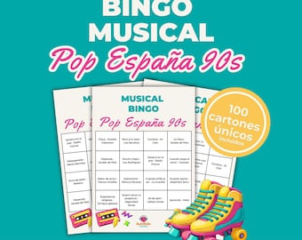 Pop Spain 90s Musical Bingo | Party Game with Spanish Songs from the 90s | 100 Cards + Spotify Playlist | Musical Game