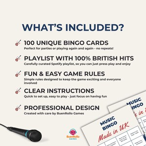 Puede incluir: Imagen promocional de un juego de bingo musical. El texto dice "&iquest;Qu&eacute; incluye?" seguido de una lista de caracter&iacute;sticas, incluyendo 100 tarjetas de bingo &uacute;nicas y una lista de reproducci&oacute;n con &eacute;xitos brit&aacute;nicos. El juego es de BuenRollo Games.