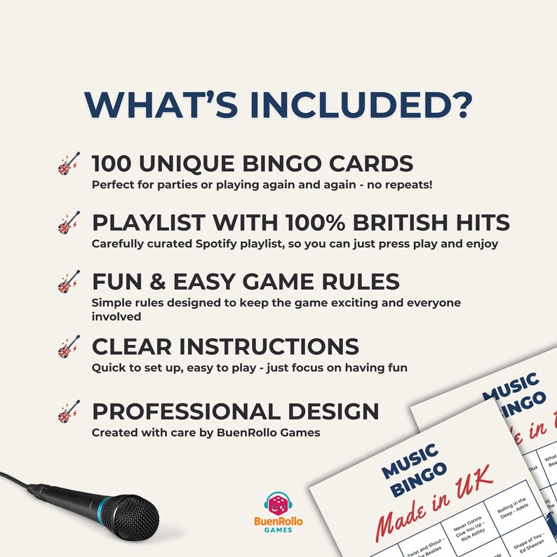 Puede incluir: Imagen promocional de un juego de bingo musical. El texto dice "&iquest;Qu&eacute; incluye?" seguido de una lista de caracter&iacute;sticas, incluyendo 100 tarjetas de bingo &uacute;nicas y una lista de reproducci&oacute;n con &eacute;xitos brit&aacute;nicos. El juego es de BuenRollo Games.