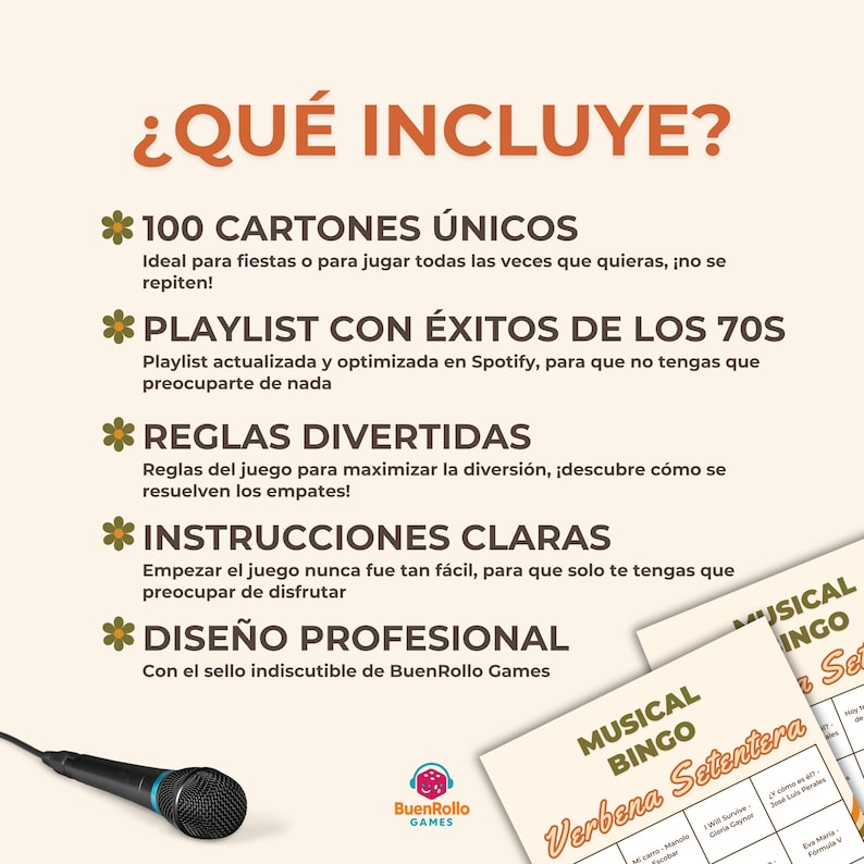 May include: A promotional image for a musical bingo game. The image features a microphone, a bingo card, and text in Spanish. The text includes "&iquest;QU&Eacute; INCLUYE?" and details about the game, such as "100 CARTONES &Uacute;NICOS" and "DISE&Ntilde;O PROFESIONAL."