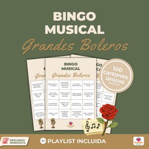 ボレロの印刷可能な音楽ビンゴゲーム（ラテンパーティー向け）｜大人向けラテンパーティーゲーム｜スペイン語の歌ビンゴ｜PDF即時ダウンロードゲーム