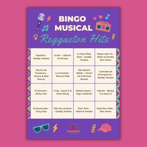 Op de afbeelding: Een paarse Bingokaart met de tekst "BINGO MUSICAL Reggaeton Hits" en songtitels en artiesten. De kaart bevat een microfoon, muzieknoten, een boombox, een zonnebril, een bliksemschicht, een logo en een baseballpet.