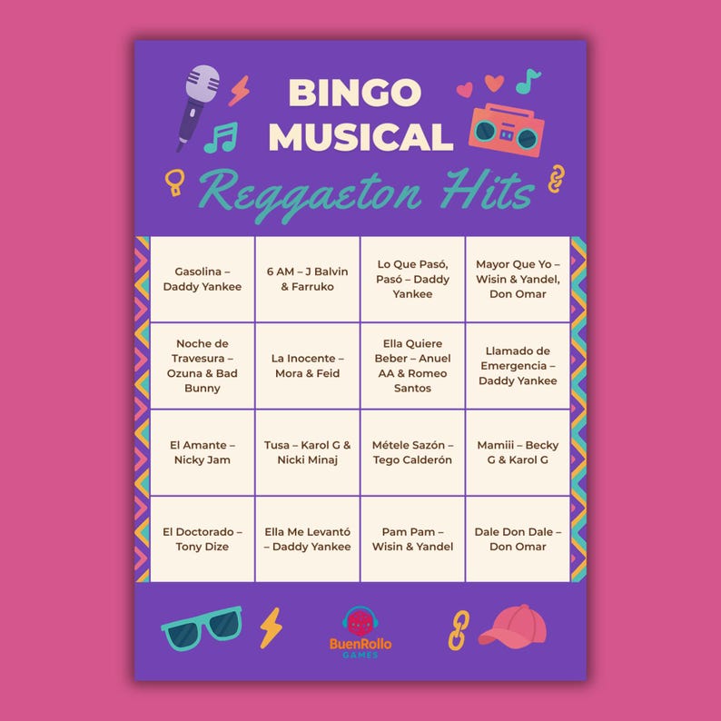 Op de afbeelding: Een paarse Bingokaart met de tekst "BINGO MUSICAL Reggaeton Hits" en songtitels en artiesten. De kaart bevat een microfoon, muzieknoten, een boombox, een zonnebril, een bliksemschicht, een logo en een baseballpet.