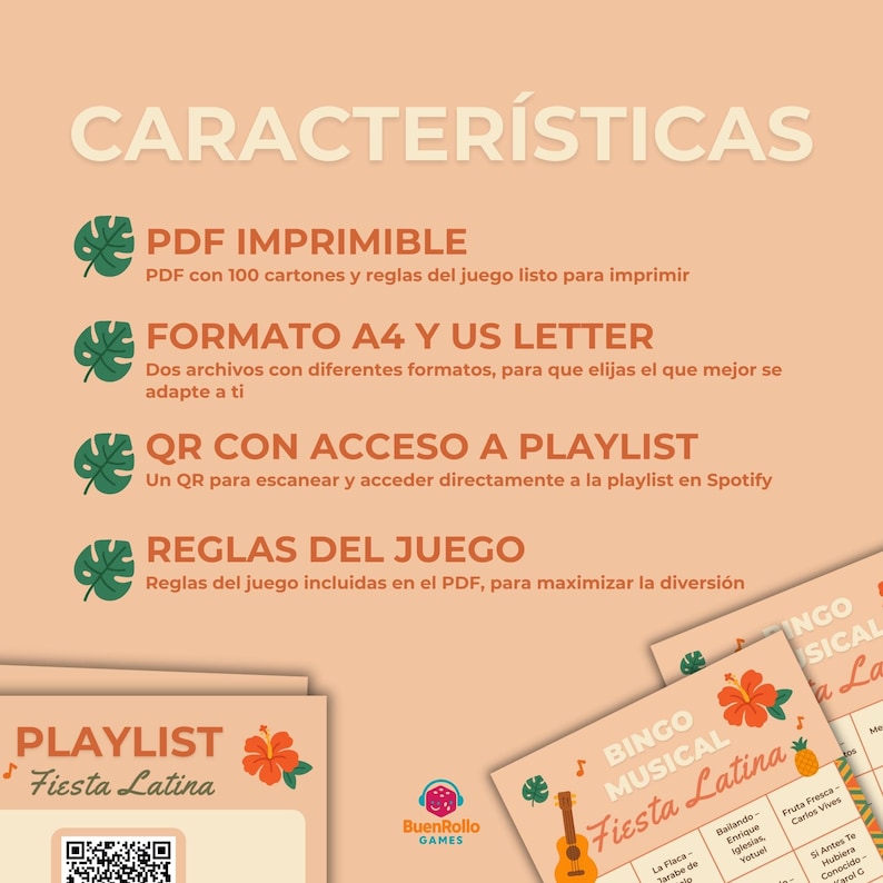 May include: A light orange graphic with the text "CARACTER&Iacute;STICAS" at the top. Below are details about a printable PDF, A4 and US Letter formats, a QR code for a playlist, and game rules. The image also shows a "Playlist Fiesta Latina" card and a "Bingo Musical Fiesta Latina" card.