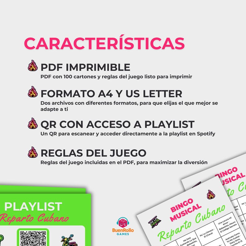 May include: A promotional image for a musical bingo game. The image features text in Spanish, including "CARACTER&Iacute;STICAS" and "BINGO MUSICAL Reparto Cubano." It also includes a QR code for a Spotify playlist and the BuenRollo Games logo.