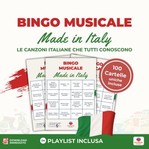 May include: A game set featuring Italian music bingo cards. The cards are white with the text "BINGO MUSICALE Made in Italy" and include a playlist. A red circle indicates 100 unique cards are included.