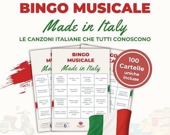Bingo Musicale Italiano Stampabile | Canzoni Italiane che Tutti Conoscono Tombola | Gioco per Feste PDF | 100 Cartelle Bingo + Playlist