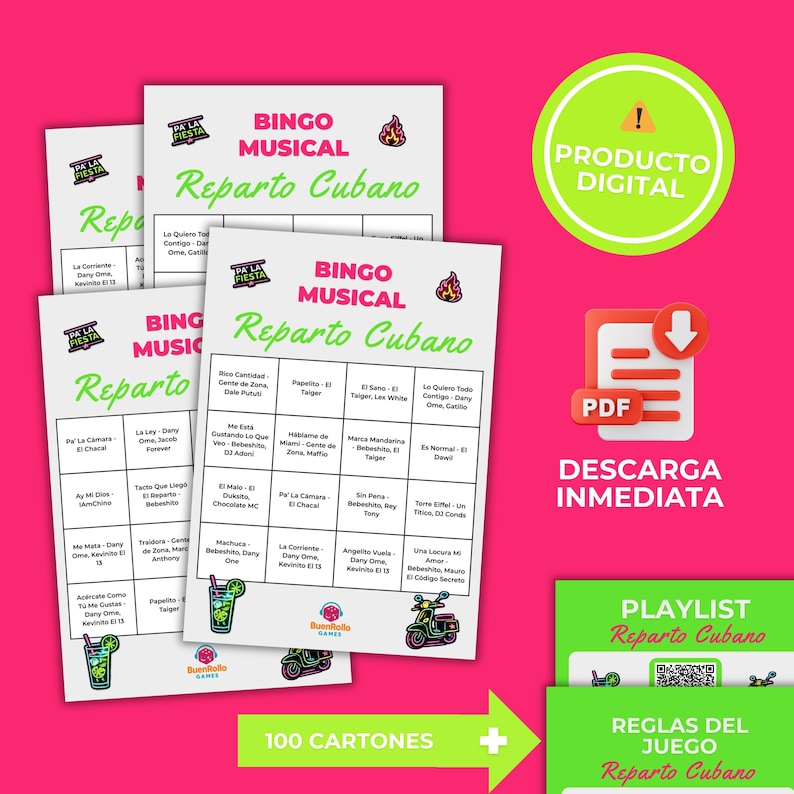 May include: A stack of bingo cards with the text "BINGO MUSICAL Reparto Cubano" in green and pink. The cards feature various phrases and images. A digital product icon and a PDF download button are also visible.