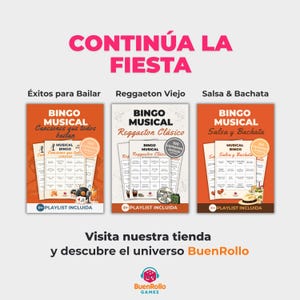 May include: Image features three Bingo Musical game sets: "Hits to Dance", "Old Reggaeton", and "Salsa & Bachata". Each set includes 100 unique cards and a playlist. The text "CONTINUE THE PARTY" is at the top, with "Visit our store" at the bottom.