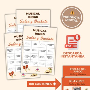 May include: Printed bingo cards with the text "MUSICAL BINGO Salsa y Bachata" in red and black. The cards display song titles and artist names. A digital product icon and a download button are also visible.