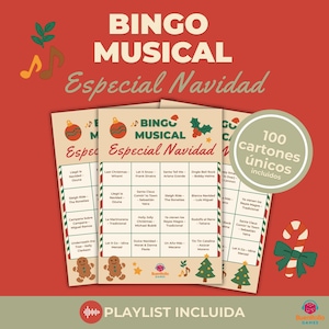 Puede incluir: Juego de Bingo temático navideño, titulado "Bingo Musical Especial Navidad". El diseño presenta adornos, acebo y un bastón de caramelo. Incluye 100 tarjetas únicas y una lista de reproducción.