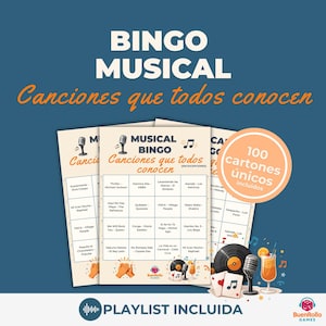 Bingo Musical Canciones Que Todos Conocen | 100 Cartones Únicos | Juego de Fiesta Imprimible | Playlist Spotify Incluida