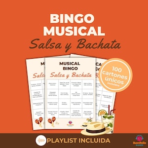 May include: Musical Bingo game set with the text "Salsa y Bachata." The set includes 100 unique bingo cards and a playlist. The design is on a warm orange background with a cocktail and hat illustration.