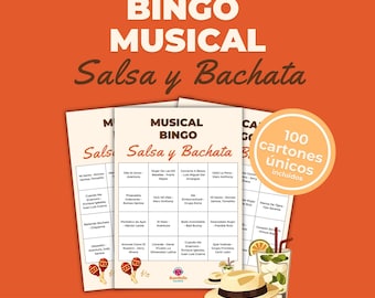 Printbare bingo met Latijns-Amerikaanse muziek | Salsa- en bachata-feestspel | Leuk groepsspel voor volwassenen | 100 unieke bingokaarten + direct downloaden