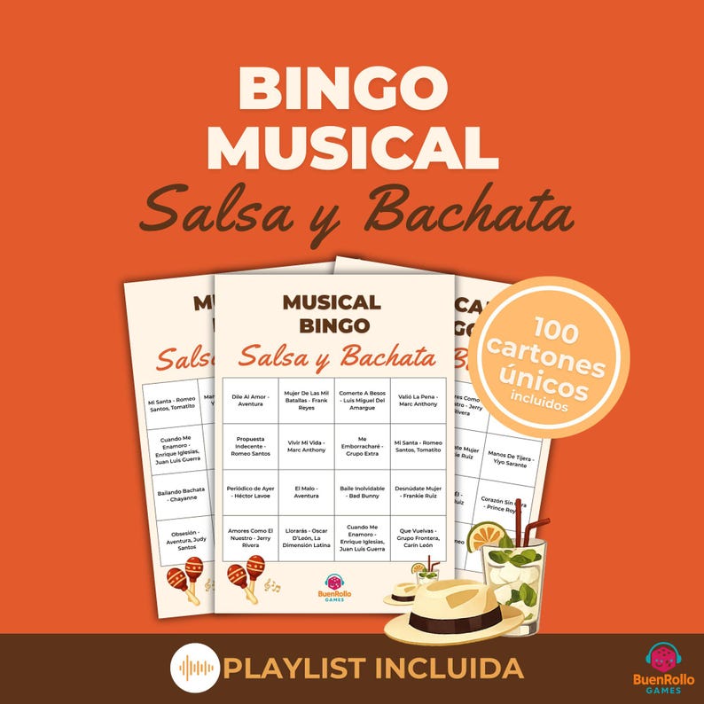May include: Musical Bingo game set with the text "Salsa y Bachata." The set includes 100 unique bingo cards and a playlist. The design is on a warm orange background with a cocktail and hat illustration.
