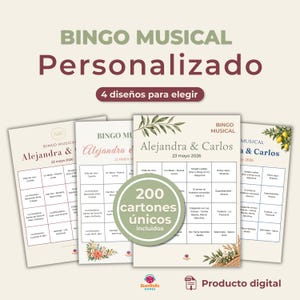 Pode incluir: Quatro cartões de bingo musical personalizados com o texto BINGO MUSICAL PERSONALIZADO, 4 diseños para elegir e 200 cartones únicos incluidos. Cada cartão exibe os nomes Alejandra & Carlos, a data 23 mayo 2026 e títulos de músicas.