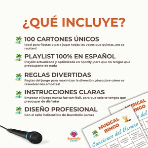 Puede incluir: Imagen promocional de un juego de Bingo Musical, con texto en espa&ntilde;ol. La imagen destaca las caracter&iacute;sticas del juego, incluyendo 100 cartones &uacute;nicos, una lista de reproducci&oacute;n en espa&ntilde;ol, reglas divertidas, instrucciones claras y dise&ntilde;o profesional. Se ve un micr&oacute;fono.