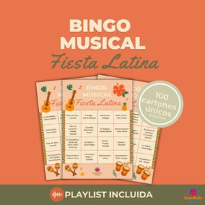 Latin Party Musical Bingo | 100 Unique Cards | Printable Party Game | Spotify Playlist Included image 1