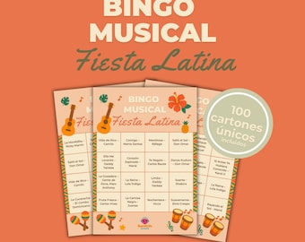 Bingo Musical Fiesta Latina | 100 Cartones Únicos | Juego de Fiesta Imprimible | Playlist Spotify Incluida