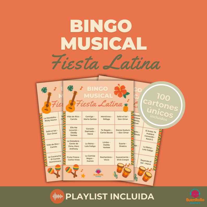 Latin Party Musical Bingo | 100 Unique Cards | Printable Party Game | Spotify Playlist Included image 1