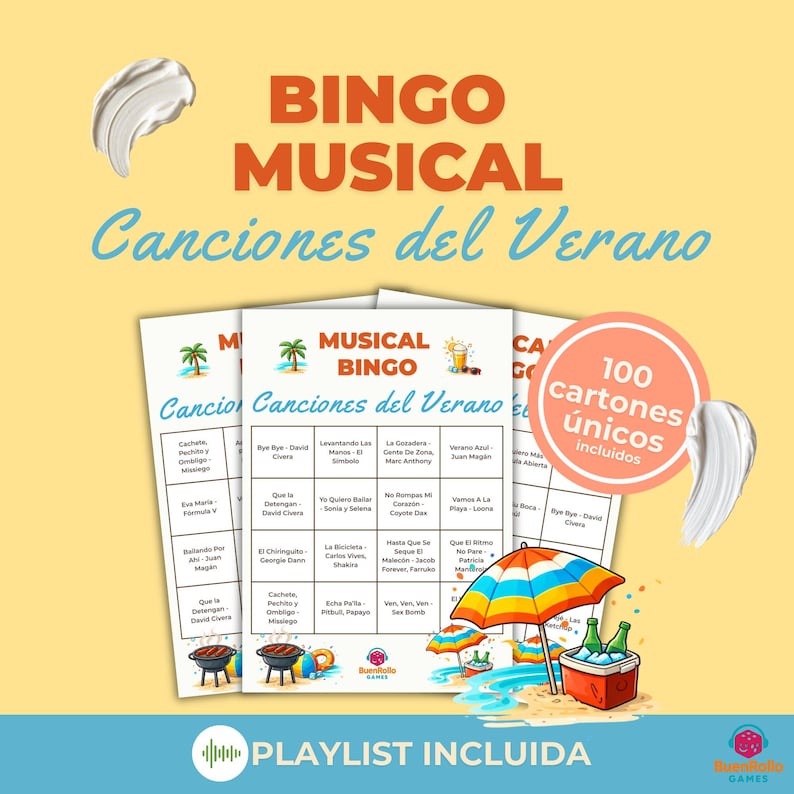 Puede incluir: Un juego de Bingo Musical con el texto "Canciones del Verano" y "100 cartones &uacute;nicos incluidos." La imagen presenta cartones de bingo, una ilustraci&oacute;n de escena de playa y las palabras "Playlist Incluida."