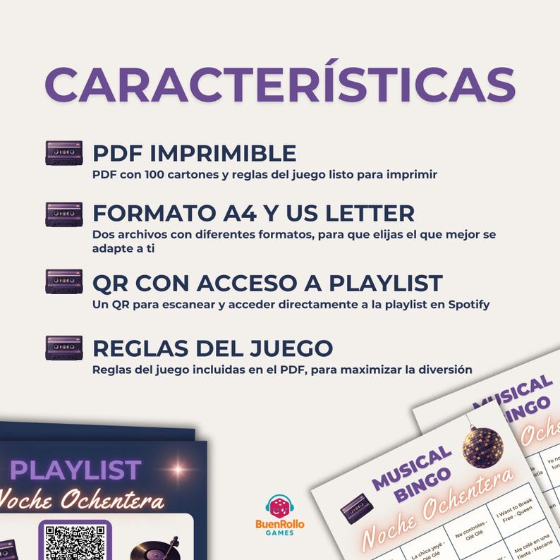 K&ouml;nnte beinhalten: Werbebild f&uuml;r ein musikalisches Bingospiel. Das Bild zeigt spanischen Text, darunter "CARACTER&Iacute;STICAS" und Details zu druckbaren PDFs, A4- und US-Letter-Formaten, QR-Codes f&uuml;r Playlists und Spielregeln. Das Spiel hei&szlig;t "Musical Bingo Noche Ochentera."
