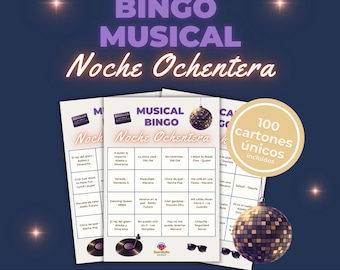 Eighties Musical Bingo | 80s Songs in Spanish | Playlist Included | Printable Party Game | 100 Unique Bingo Cards