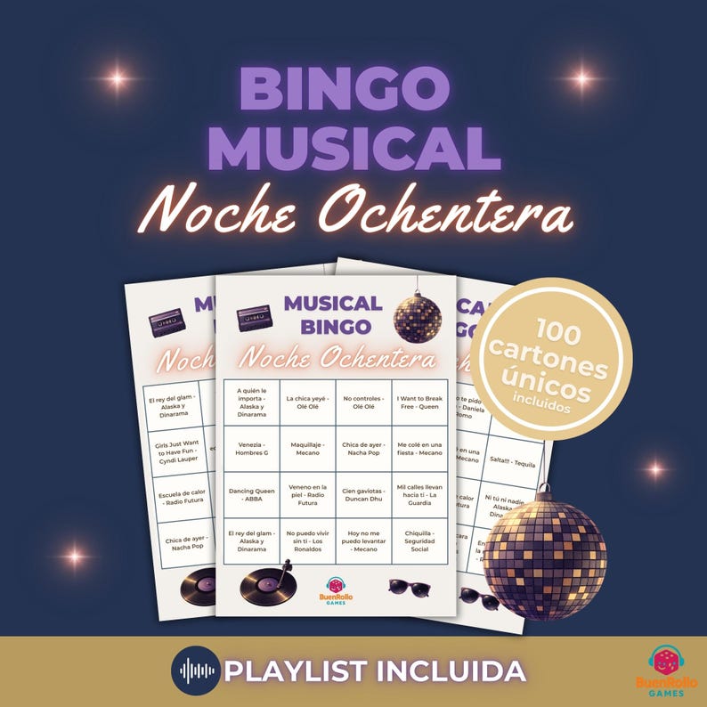 Bingo musical noche ochentera, juego imprimible para fiestas con las canciones más conocidad de los años 80 en españa. Revive la movida madrileña con esta lista de éxitos ocheteros
