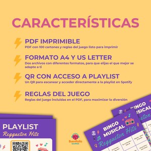 Op de afbeelding: Een promotieafbeelding voor een Reggaeton Bingo-spel. De afbeelding heeft een paars en geel kleurenschema met Spaanse tekst. Belangrijke kenmerken zijn een afdrukbare PDF, A4- en US Letter-formaten, een QR-code voor een Spotify-afspeellijst en spelregels.