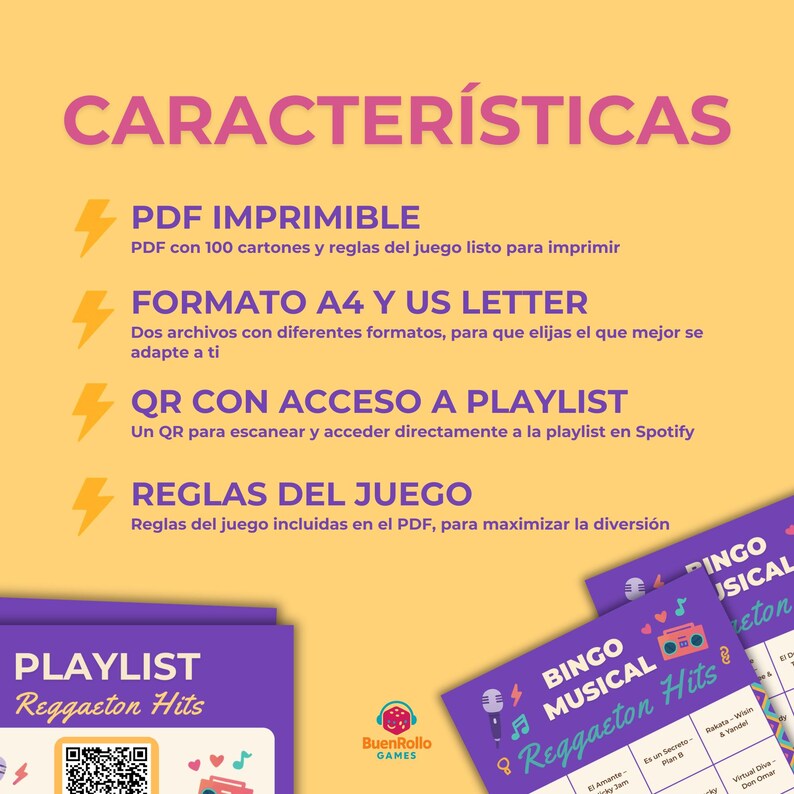 Op de afbeelding: Een promotieafbeelding voor een Reggaeton Bingo-spel. De afbeelding heeft een paars en geel kleurenschema met Spaanse tekst. Belangrijke kenmerken zijn een afdrukbare PDF, A4- en US Letter-formaten, een QR-code voor een Spotify-afspeellijst en spelregels.