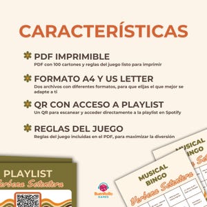 May include: A promotional image for a musical bingo game. The image features text in Spanish, including "CARACTER&Iacute;STICAS" and details about the game's features, such as printable PDFs, A4 and US Letter formats, a QR code for a playlist, and game rules.