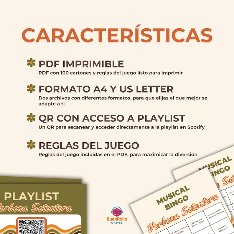 May include: A promotional image for a musical bingo game. The image features text in Spanish, including "CARACTER&Iacute;STICAS" and details about the game's features, such as printable PDFs, A4 and US Letter formats, a QR code for a playlist, and game rules.