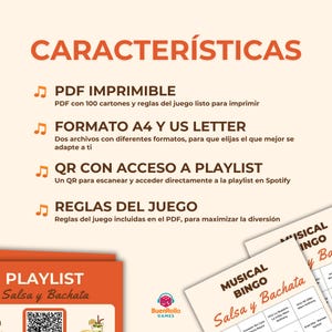 May include: An orange and white graphic detailing features of a printable game. Text includes "CARACTER&Iacute;STICAS", PDF details, A4 and US Letter formats, a QR code for a playlist, and game rules. The image also shows a "Musical Bingo Salsa y Bachata" game.