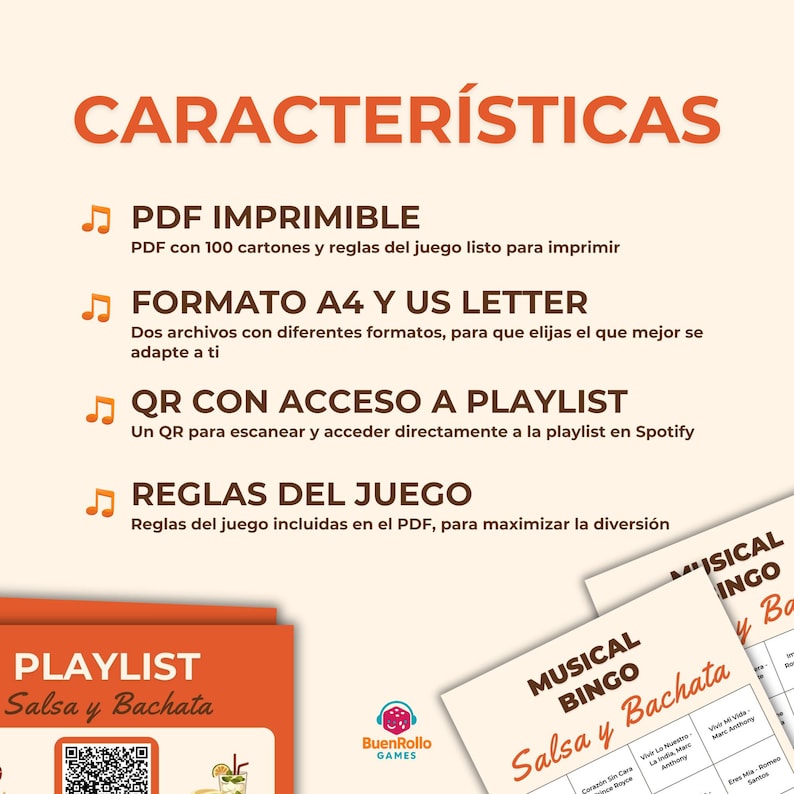 May include: An orange and white graphic detailing features of a printable game. Text includes "CARACTER&Iacute;STICAS", PDF details, A4 and US Letter formats, a QR code for a playlist, and game rules. The image also shows a "Musical Bingo Salsa y Bachata" game.