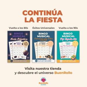 May include: Promotional image for BuenRollo Games featuring three musical bingo game sets: "Vuelta a los 80s," "&Eacute;xitos Universales," and "Vuelta a los 90s." Each set includes 100 unique cards and a playlist. The text "CONTIN&Uacute;A LA FIESTA" is at the top.