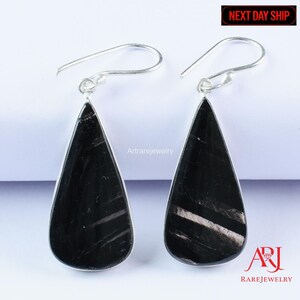 Hypersthene Dangle Earrings 925 Sterling Silver Black Stone Jewelry