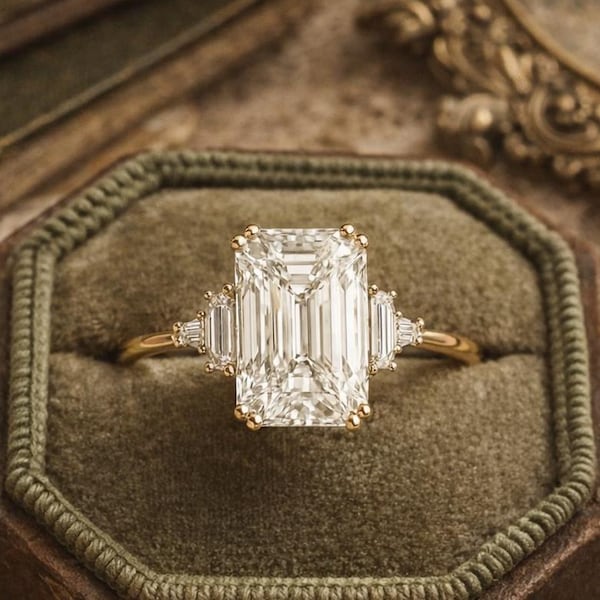 Emerald Cut Moissanite Engagement Ring • Gold Vermeil, Diamond Accents