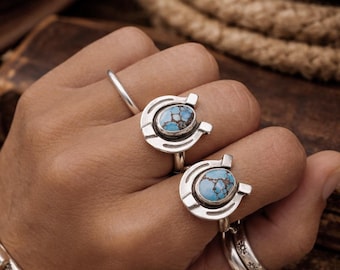 Genuine Golden Hill Turquoise Naja Ring – Natural Blue Turquoise Stone Ring – Sterling Silver Multi Band Statement Ring Handmade Jewelry