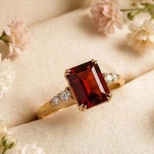 May include: A gold ring with a large, rectangular, deep red gemstone as the centerpiece. The ring features smaller, round, clear gemstones on either side of the main stone. The ring is set against a soft, cream-colored background with delicate flowers.