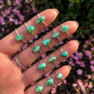 Op de afbeelding: Een hand toont verschillende zilveren ringen, elk met een ovale turkoois steen. De stenen variëren in tinten groen en blauw, tegen een achtergrond van roze bloemblaadjes. De ringen zijn delicaat en elegant.
