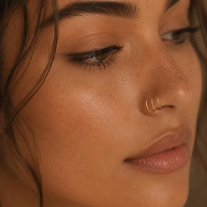 May include: A triple hoop nose ring made of thin gold wire. The jewellery consists of three separate, continuous circular bands that sit closely together, creating a layered effect when inserted into a single piercing on the side of the nostril.
