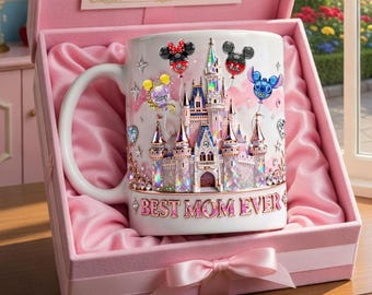 Taza "La Mejor Mamá del Mundo" con diseño de castillo, taza personalizada inspirada en Disney con los nombres de los niños, taza familiar personalizada, regalo mágico para mamá, regalo para el Día de la Madre.