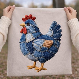 Denim Patchwork Chicken PNG, Quilted Farm Hen Sublimation Design